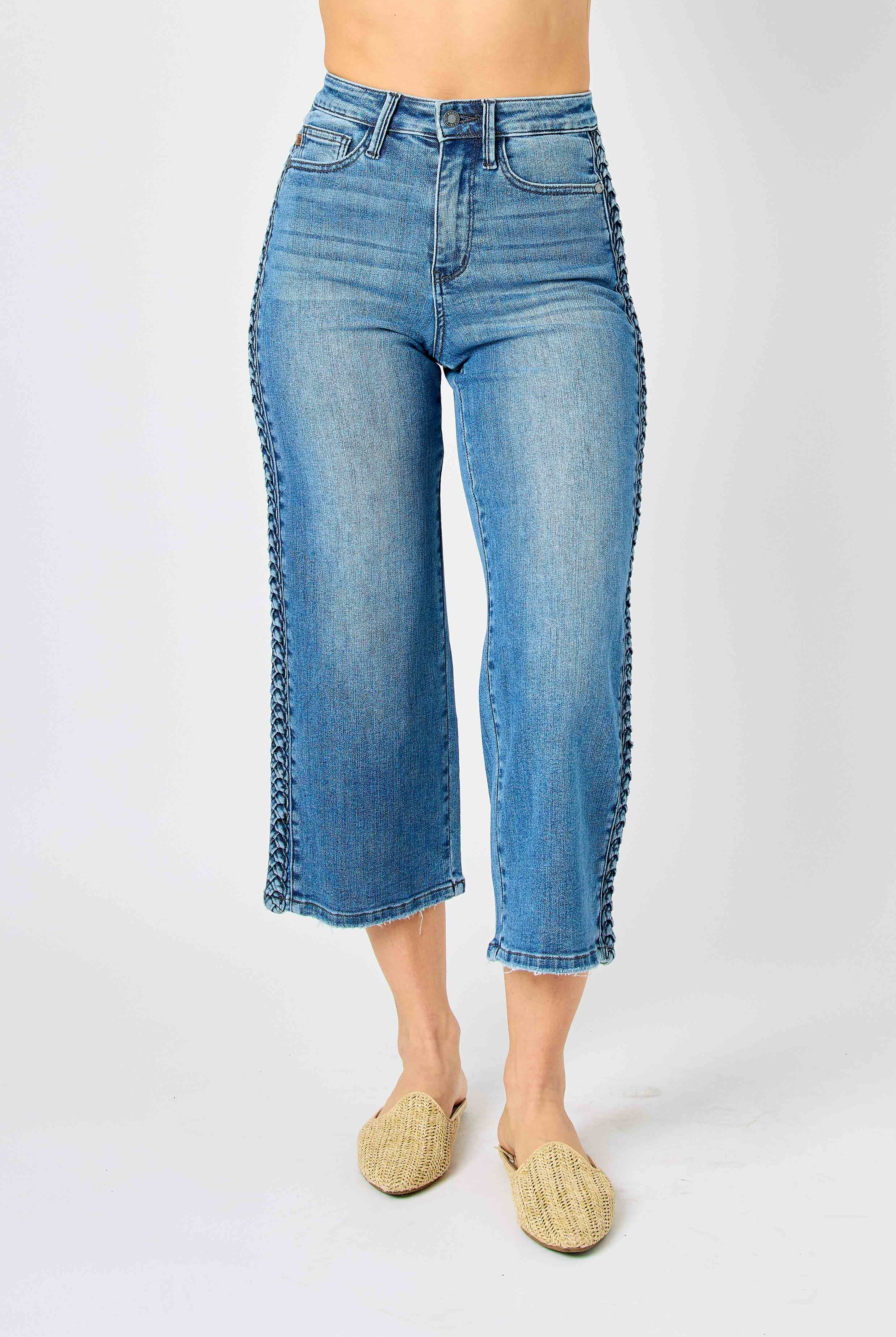 JUDY BLUE BRAIDED WIDE CROP MEDIUM WASH JEANS / STUFFOLOGY BOUTIQUE-Jeans-Judy Blue-Stuffology - Where Vintage Meets Modern, A Boutique for Real Women in Crosbyton, TX