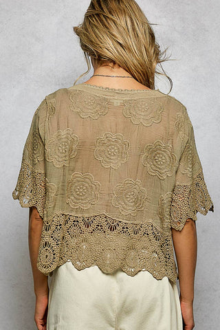 Crochet Trim Neckline Short Sleeve Jacket Top-Pol Clothing-Stuffology - Where Vintage Meets Modern, A Boutique for Real Women in Crosbyton, TX