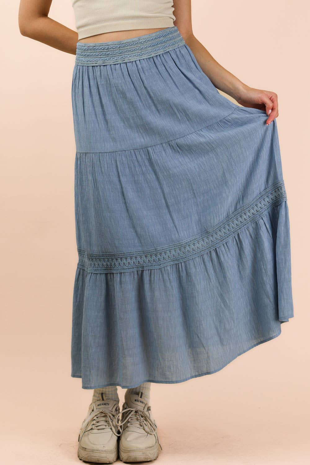 Tiered Layers Solid Woven Skirt W/ Lace Trim-Skirts-VERY J-Stuffology - Where Vintage Meets Modern, A Boutique for Real Women in Crosbyton, TX