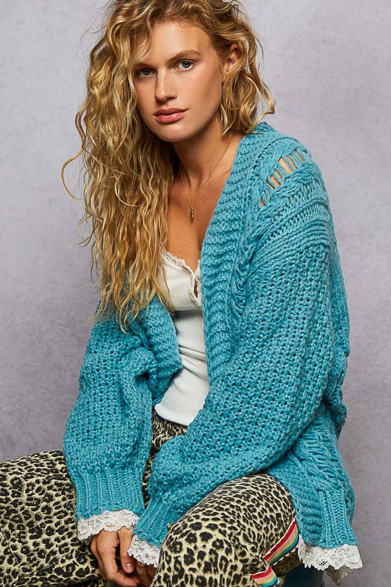 V neck lace trim solid acrylic sweater open cardigan top-Pol Clothing-Stuffology - Where Vintage Meets Modern, A Boutique for Real Women in Crosbyton, TX