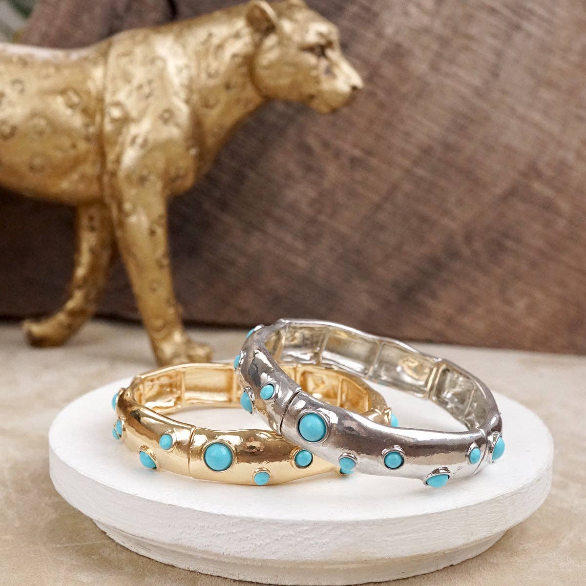 Desert Dew – Turquoise Cabochon Stretch Bangle-Bracelets-PennyLine inc-Stuffology - Where Vintage Meets Modern, A Boutique for Real Women in Crosbyton, TX