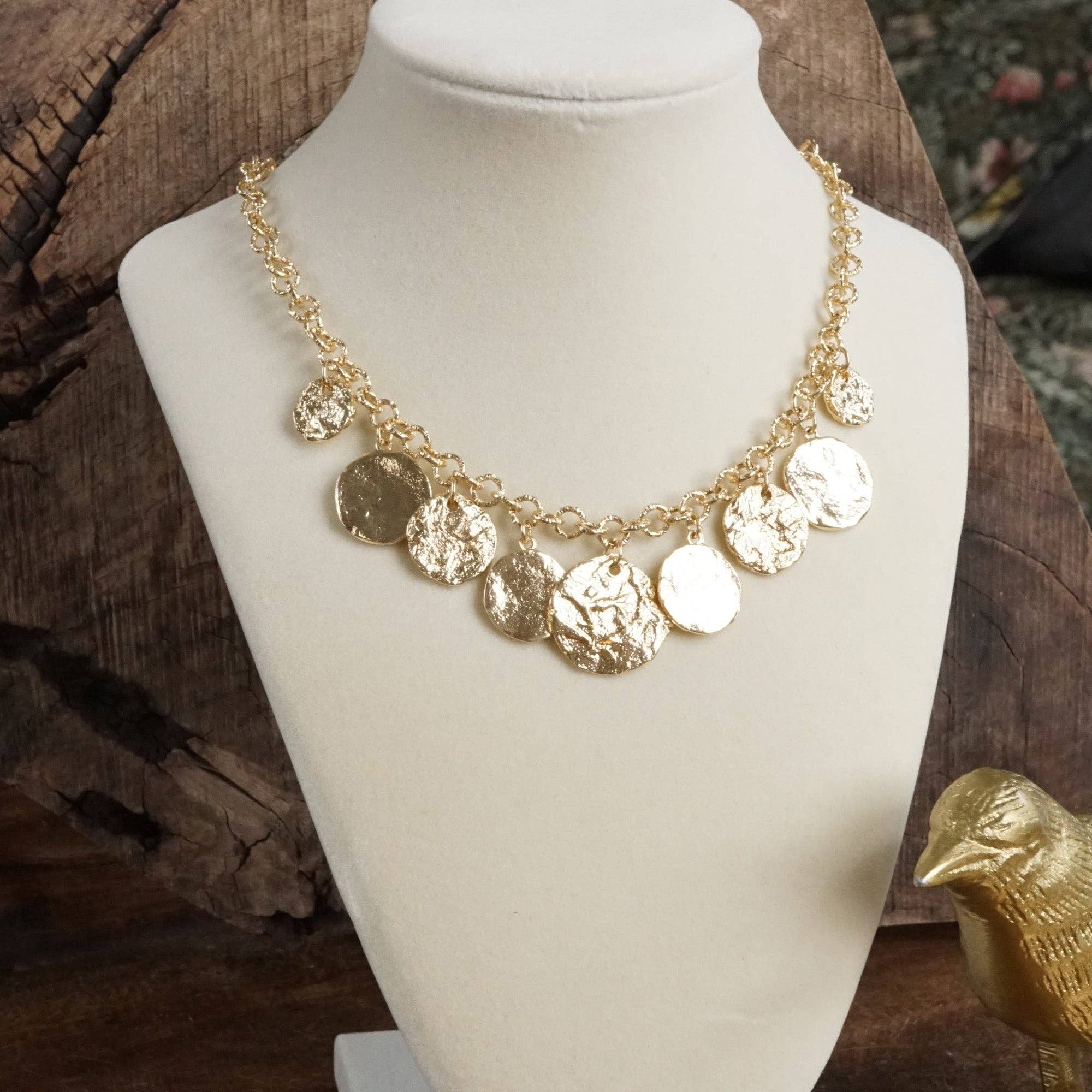 Textured Coins Statement Necklace – Gold Tone-Necklaces-PennyLine inc-Stuffology - Where Vintage Meets Modern, A Boutique for Real Women in Crosbyton, TX