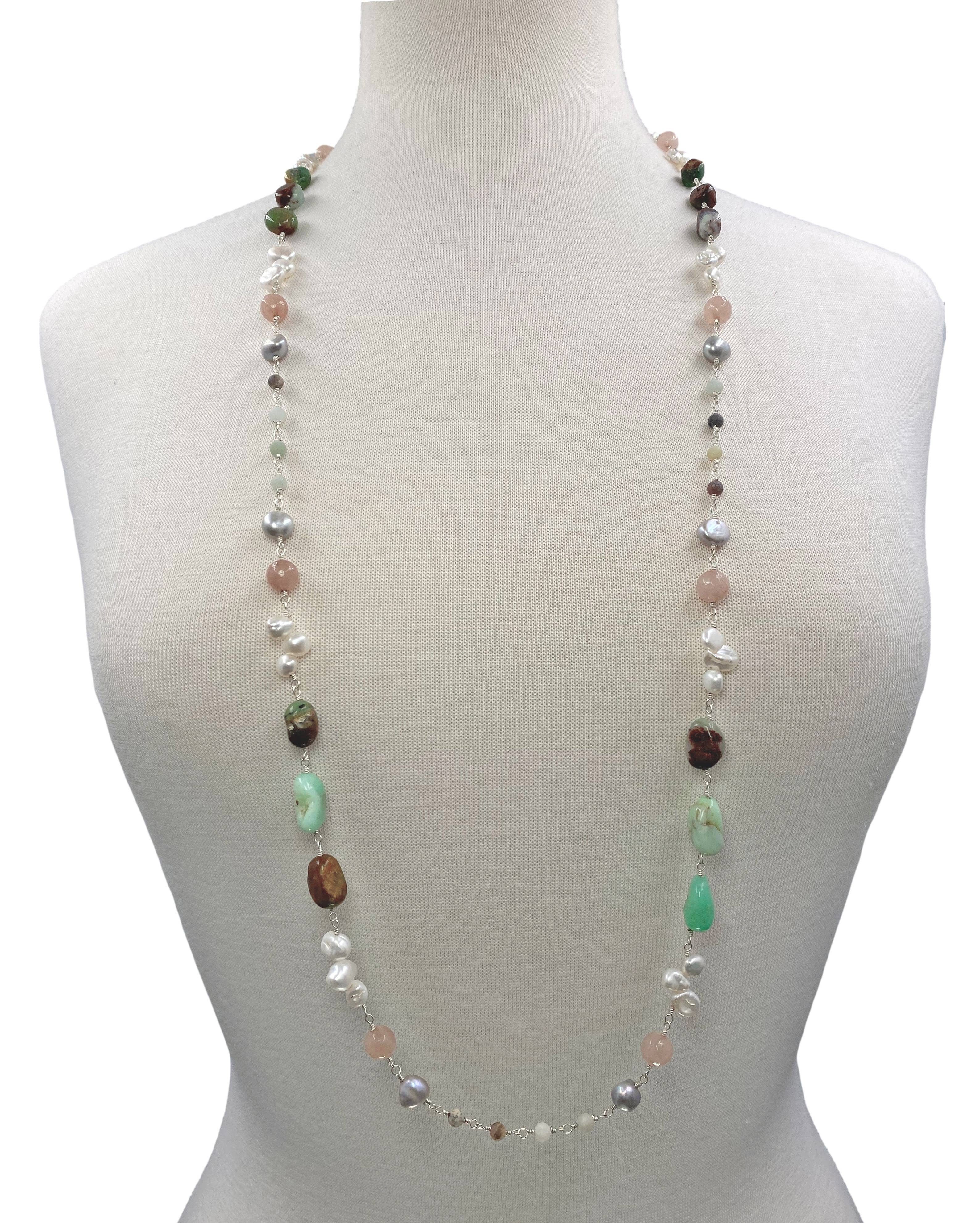 Chrysoprase & Cultured Pearl Long Necklace-Necklaces-IST Jewelry-Stuffology - Where Vintage Meets Modern, A Boutique for Real Women in Crosbyton, TX