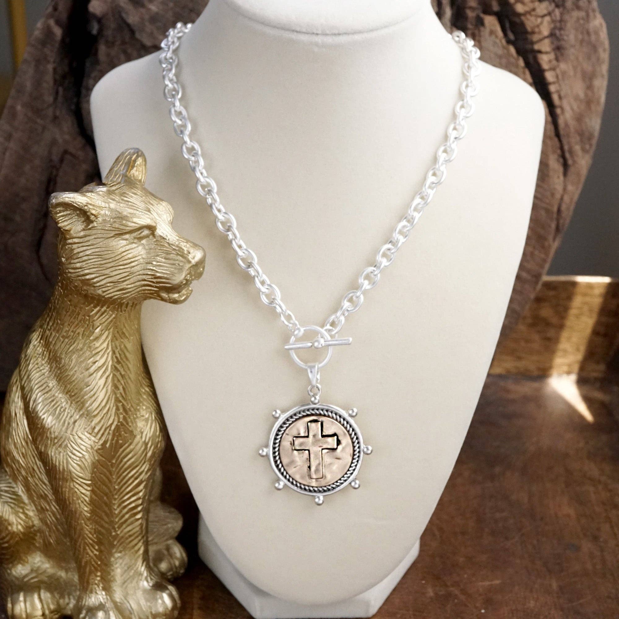 Cross Coin Chain Necklace with Front Toggle Closure – Silver or Gold Tone-Necklaces-PennyLine inc-Stuffology - Where Vintage Meets Modern, A Boutique for Real Women in Crosbyton, TX