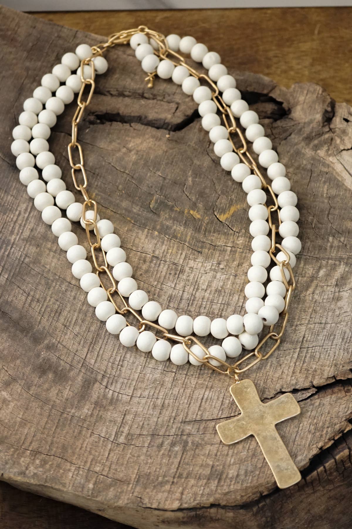 Multi Strand Wood Beads Short Statement Cross Necklace Cream-Necklaces-PennyLine inc-Stuffology - Where Vintage Meets Modern, A Boutique for Real Women in Crosbyton, TX