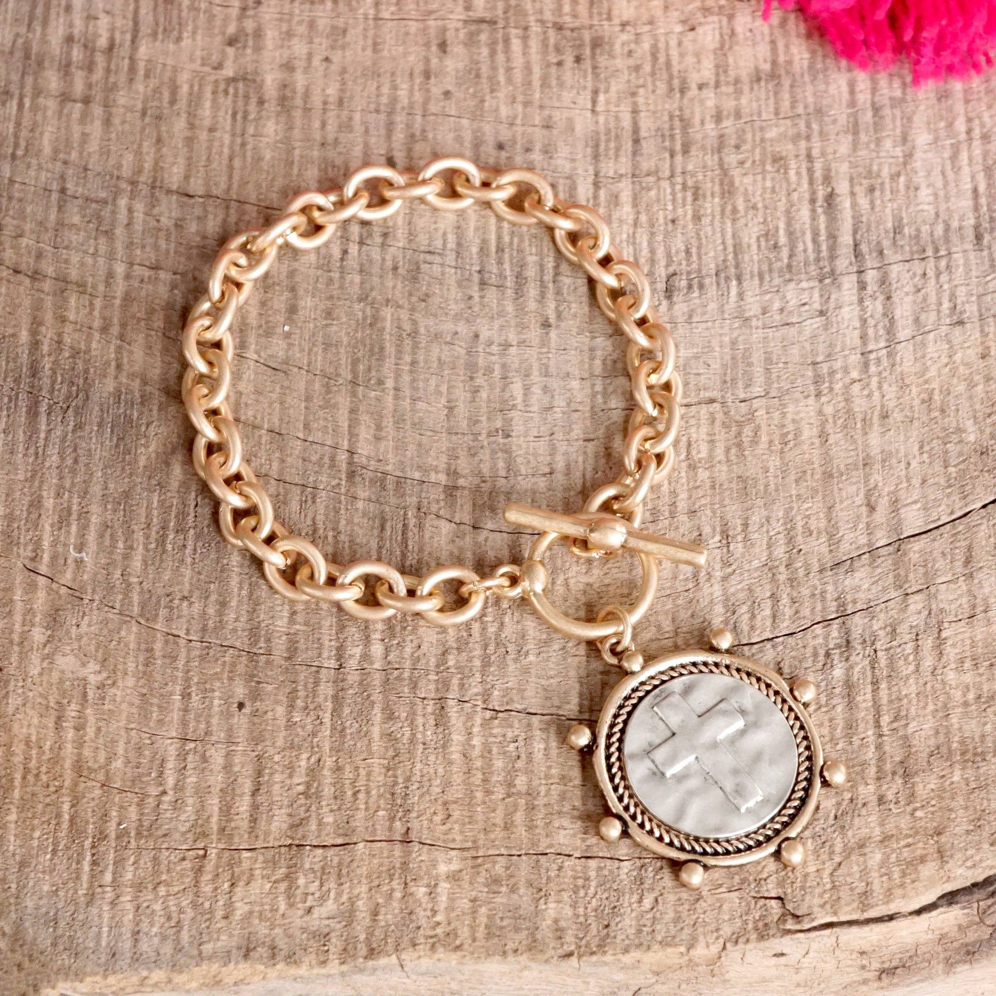 Cross Coin Chain Bracelet Toggle Closure Silver or Gold Tone-Bracelets-PennyLine inc-Stuffology - Where Vintage Meets Modern, A Boutique for Real Women in Crosbyton, TX
