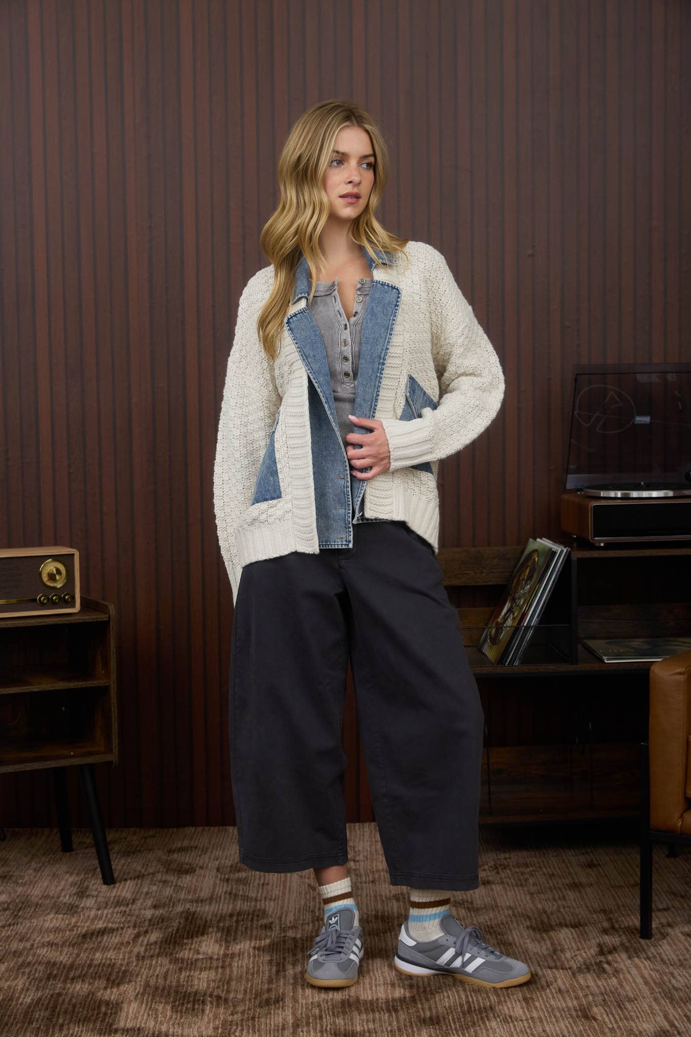 MIXED MEDIA CABLE KNIT DENIM TRIM JACKET-J.O.A-Stuffology - Where Vintage Meets Modern, A Boutique for Real Women in Crosbyton, TX