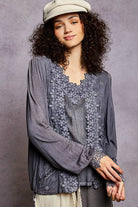 Long Sleeve Contrast Floral Lace Crochet V-Neck Top-Pol Clothing-Stuffology - Where Vintage Meets Modern, A Boutique for Real Women in Crosbyton, TX