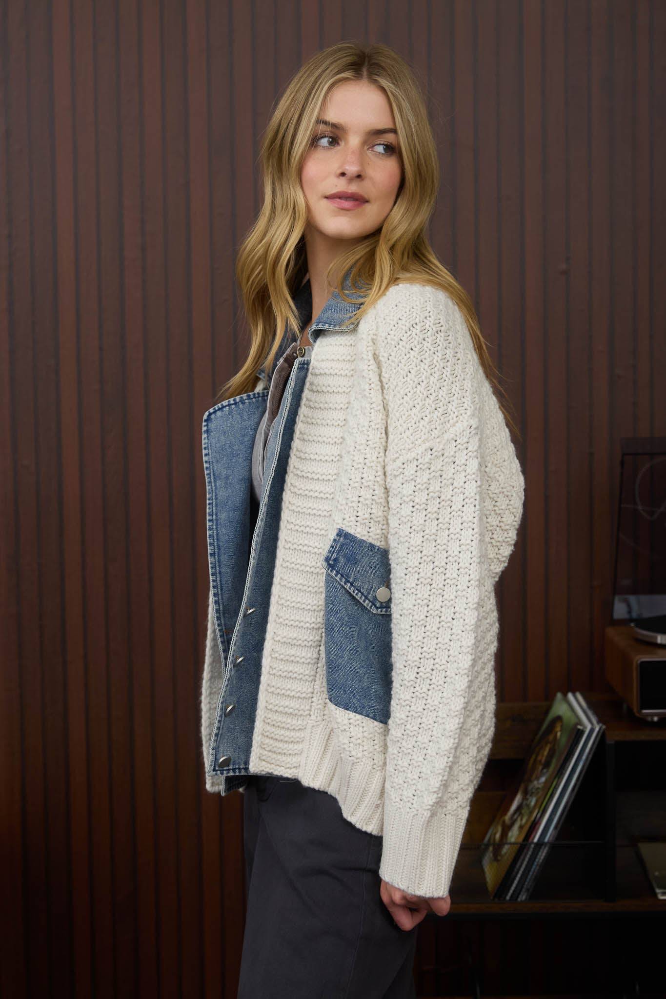 MIXED MEDIA CABLE KNIT DENIM TRIM JACKET-J.O.A-Stuffology - Where Vintage Meets Modern, A Boutique for Real Women in Crosbyton, TX