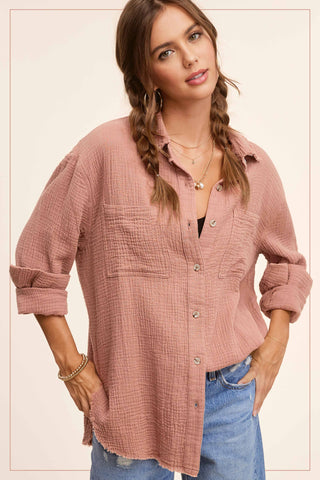 Crinkled Gauze Button Down Shirt-La Miel-Stuffology - Where Vintage Meets Modern, A Boutique for Real Women in Crosbyton, TX