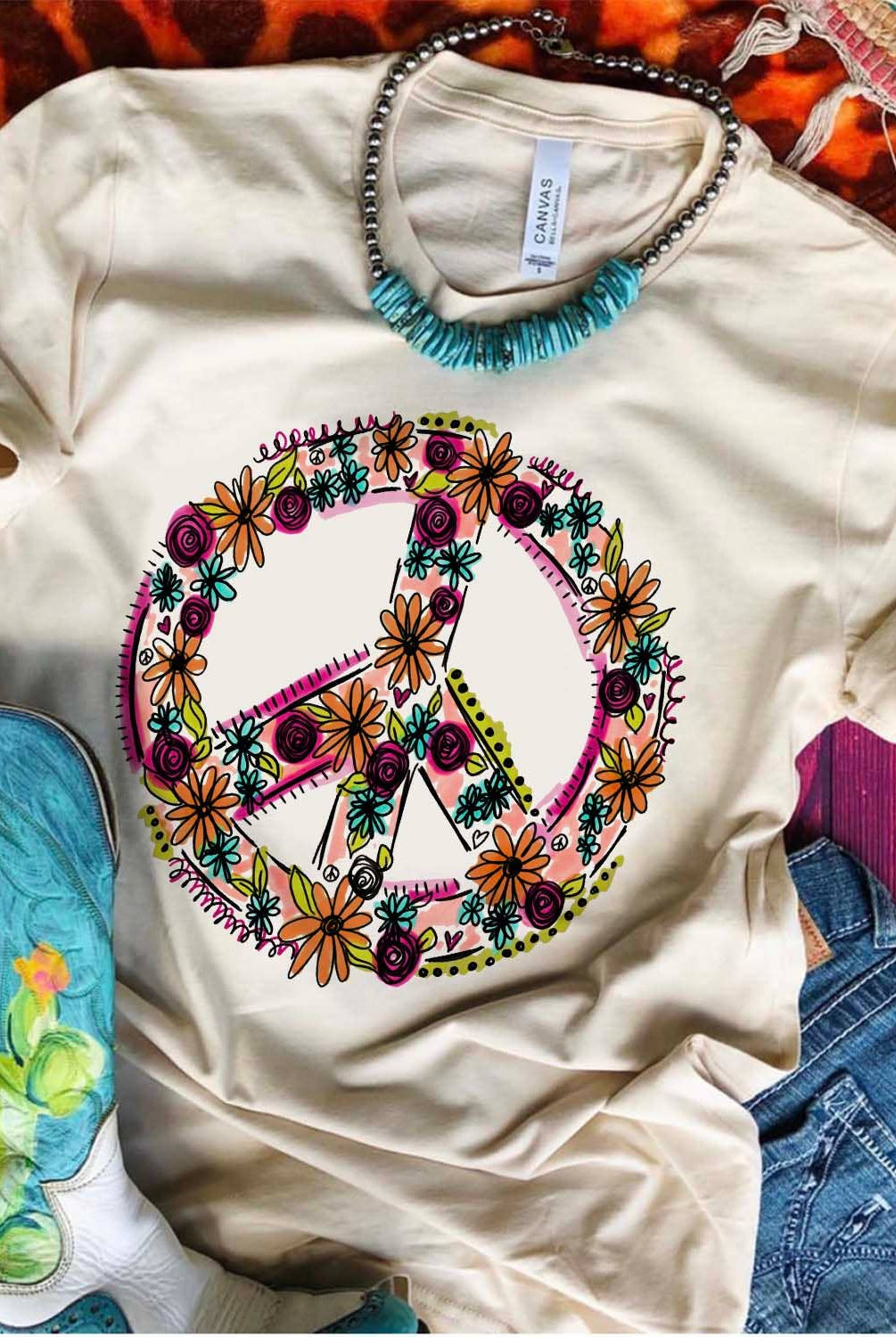 Colorful Peace Sign with Flowers - Cream Graphic-Graphic Tees-THE LATTIMORE CLAIM-Stuffology - Where Vintage Meets Modern, A Boutique for Real Women in Crosbyton, TX