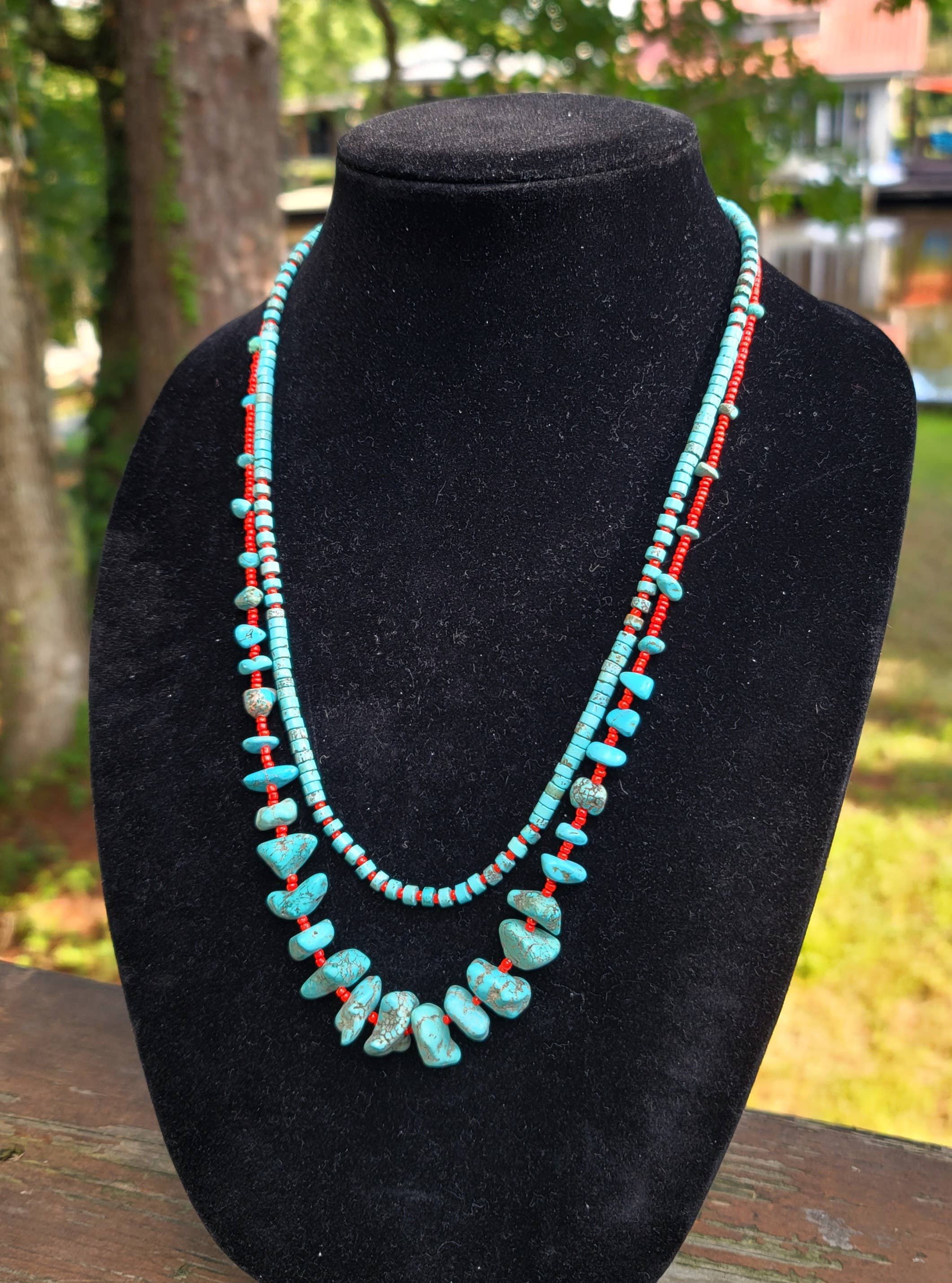 Case of 2 Turquoise, red glass bead necklaces, Native made-Necklaces-Horse Spirit Studio-Stuffology - Where Vintage Meets Modern, A Boutique for Real Women in Crosbyton, TX