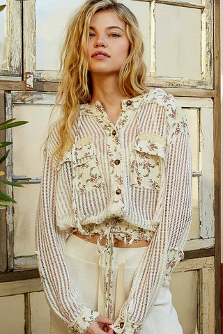Cream Vintage Washed Floral Print Hoodie Jacket-Jackets-Pol Clothing-Stuffology - Where Vintage Meets Modern, A Boutique for Real Women in Crosbyton, TX