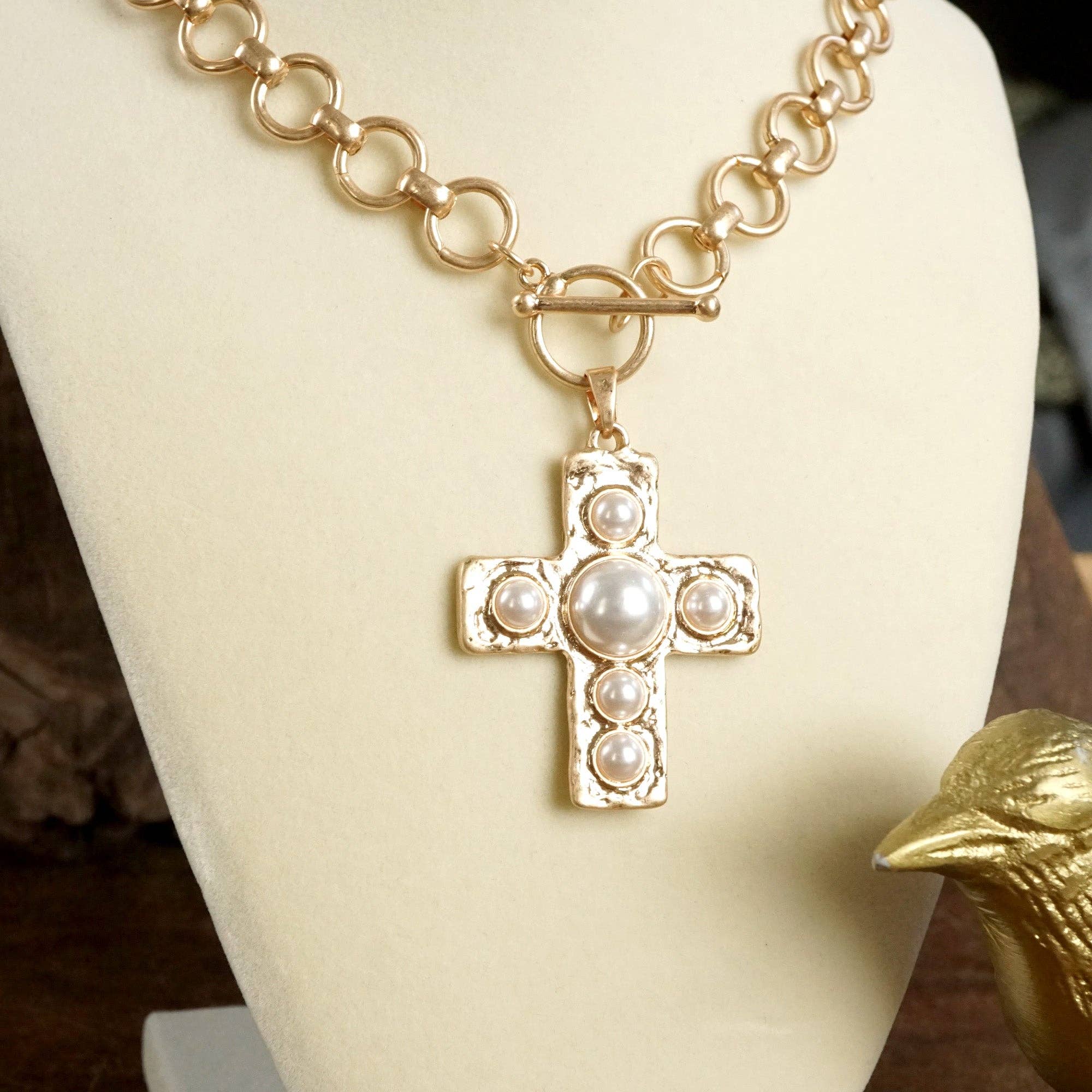Primitive Cross Necklace – Worn Gold Tone with Acrylic Turquoise or Pearl Cabochons-PennyLine inc-Stuffology - Where Vintage Meets Modern, A Boutique for Real Women in Crosbyton, TX