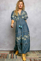 Embroidery Ruffle Neck Loop Cotton Denim V-neck Long Dress-Pol Clothing-Stuffology - Where Vintage Meets Modern, A Boutique for Real Women in Crosbyton, TX