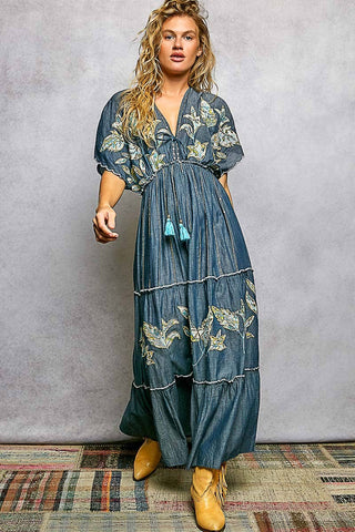 Embroidery Ruffle Neck Loop Cotton Denim V-neck Long Dress-Pol Clothing-Stuffology - Where Vintage Meets Modern, A Boutique for Real Women in Crosbyton, TX