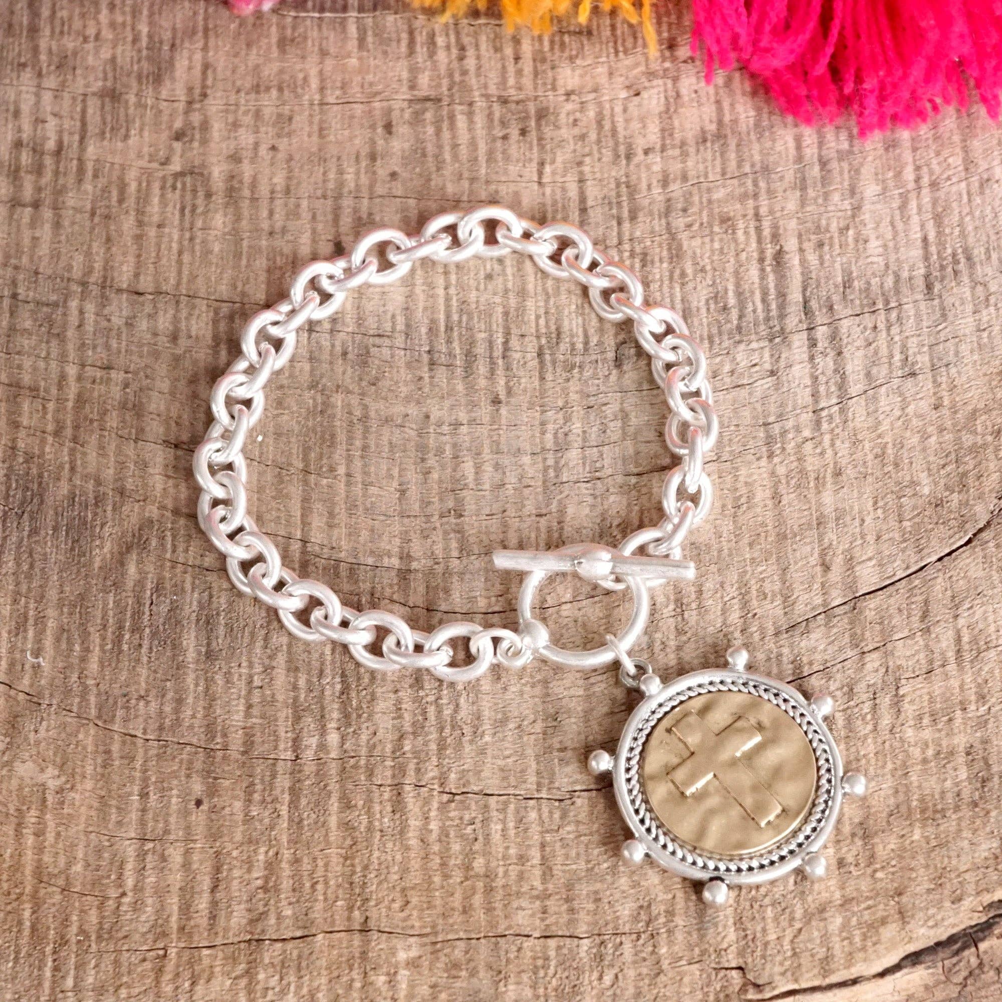 Cross Coin Chain Bracelet Toggle Closure Silver or Gold Tone-Bracelets-PennyLine inc-Stuffology - Where Vintage Meets Modern, A Boutique for Real Women in Crosbyton, TX