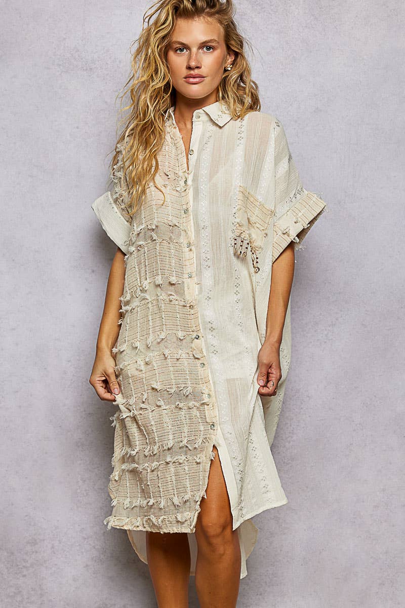 Dangle Trim Textured Cotton Oversized Long Shirt Dress-Dresses-Pol Clothing-Stuffology - Where Vintage Meets Modern, A Boutique for Real Women in Crosbyton, TX