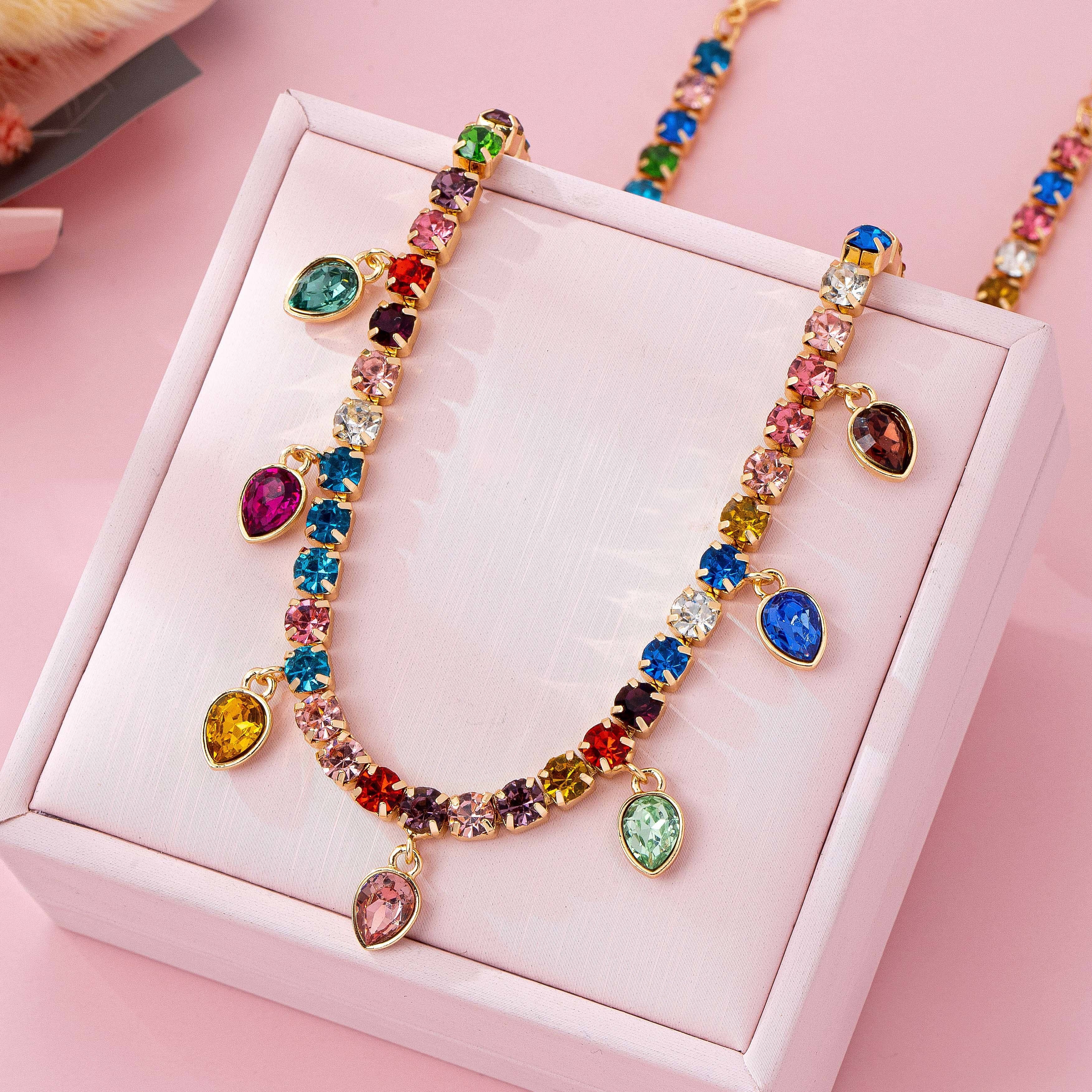 Multicolor Glass Crystal Tennis Teardrop Necklace | 80N92890-Necklaces-JOSSLYN by wall to wall-Stuffology - Where Vintage Meets Modern, A Boutique for Real Women in Crosbyton, TX