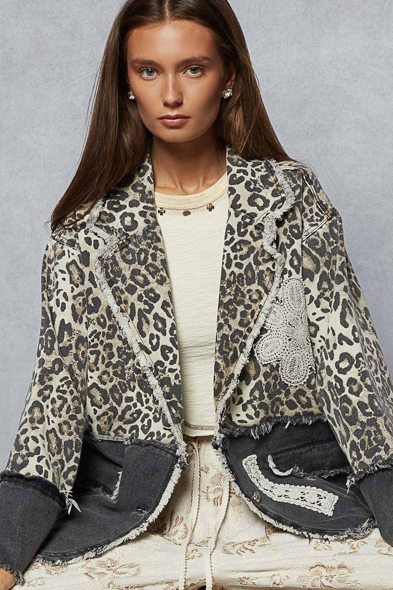 V-neck long sleeve crochet patch printed twill woven jacket-Jackets-Pol Clothing-Stuffology - Where Vintage Meets Modern, A Boutique for Real Women in Crosbyton, TX