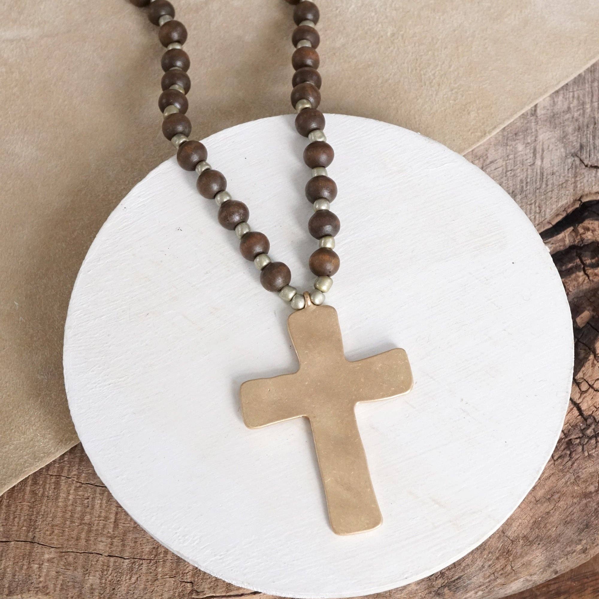 Long Wooden Bead Necklace with Gold Cross-Necklaces-PennyLine inc-Stuffology - Where Vintage Meets Modern, A Boutique for Real Women in Crosbyton, TX
