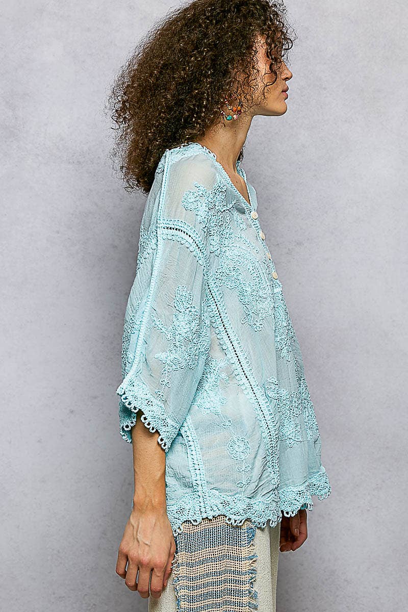 POL Clothing V-neck Short Sleeve Floral Embroidered Crochet Blouse Top-Crochet Top-Pol Clothing-Stuffology - Where Vintage Meets Modern, A Boutique for Real Women in Crosbyton, TX