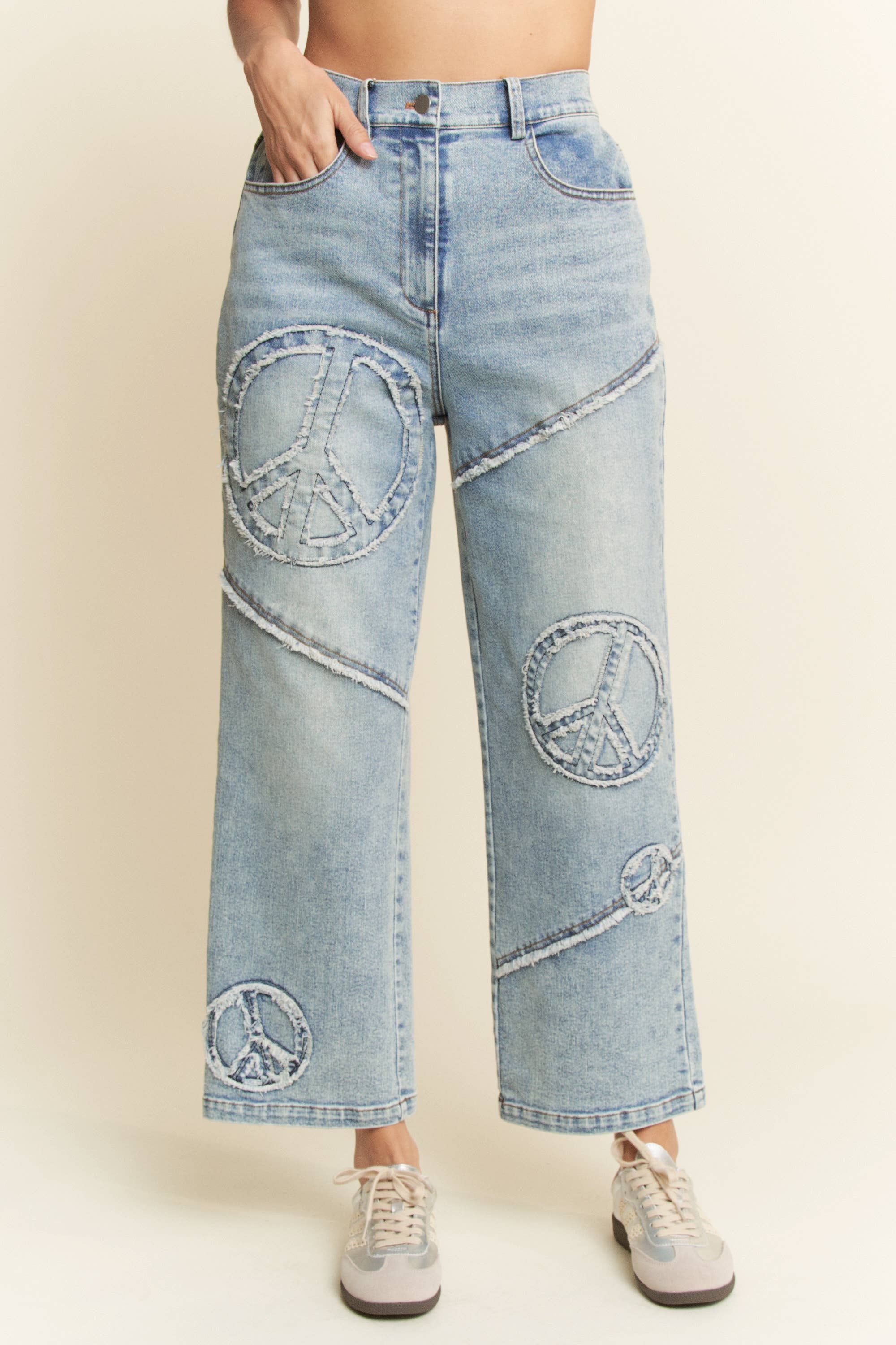 PEACE SIGN DENIM STRAIGHT FIT WITH SLIGHTLY STRETCH JEANS-Jeans-Davi & Dani-Stuffology - Where Vintage Meets Modern, A Boutique for Real Women in Crosbyton, TX