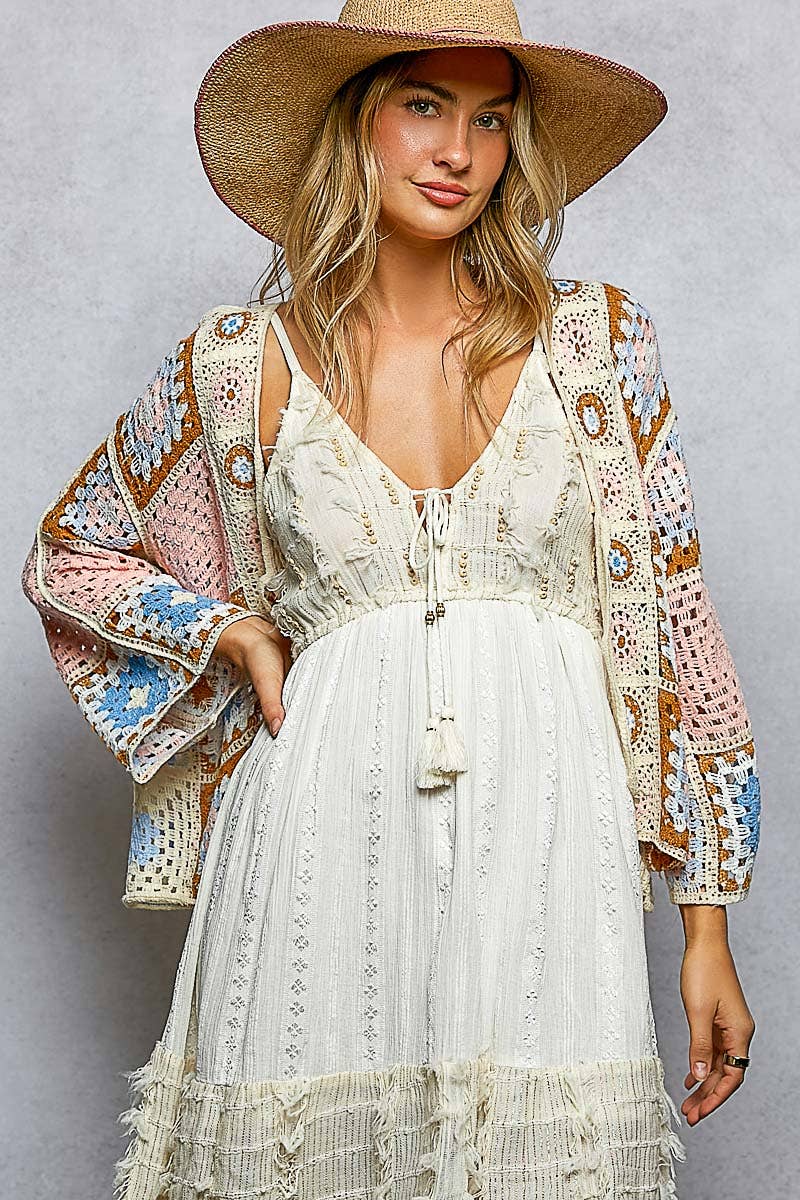 Granny Square 3/4 Sleeve Crochet Cardigan Top-Cardigan-Pol Clothing-Stuffology - Where Vintage Meets Modern, A Boutique for Real Women in Crosbyton, TX