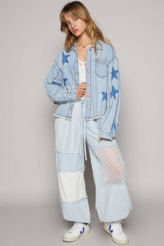 Oversize star prints raw edge denim shacket-Jackets-Pol Clothing-Stuffology - Where Vintage Meets Modern, A Boutique for Real Women in Crosbyton, TX