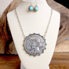 Western Boho Coin Necklace Set with Turquoise Accents – Worn Silver Tone-Necklaces-PennyLine inc-Stuffology - Where Vintage Meets Modern, A Boutique for Real Women in Crosbyton, TX
