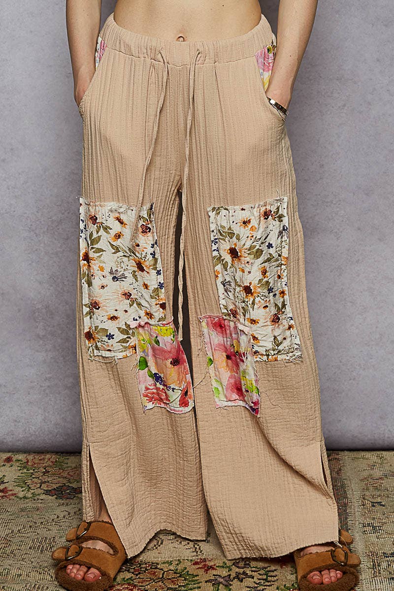 POL Double Gauze Floral Patch Pants-Pants-Pol Clothing-Stuffology - Where Vintage Meets Modern, A Boutique for Real Women in Crosbyton, TX