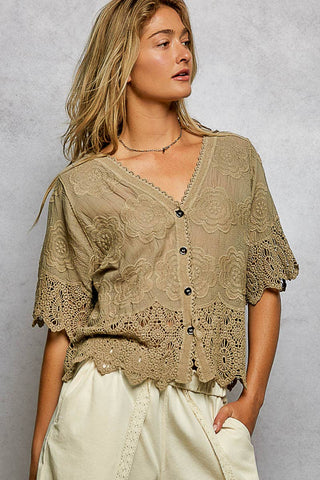 Crochet Trim Neckline Short Sleeve Jacket Top-Pol Clothing-Stuffology - Where Vintage Meets Modern, A Boutique for Real Women in Crosbyton, TX