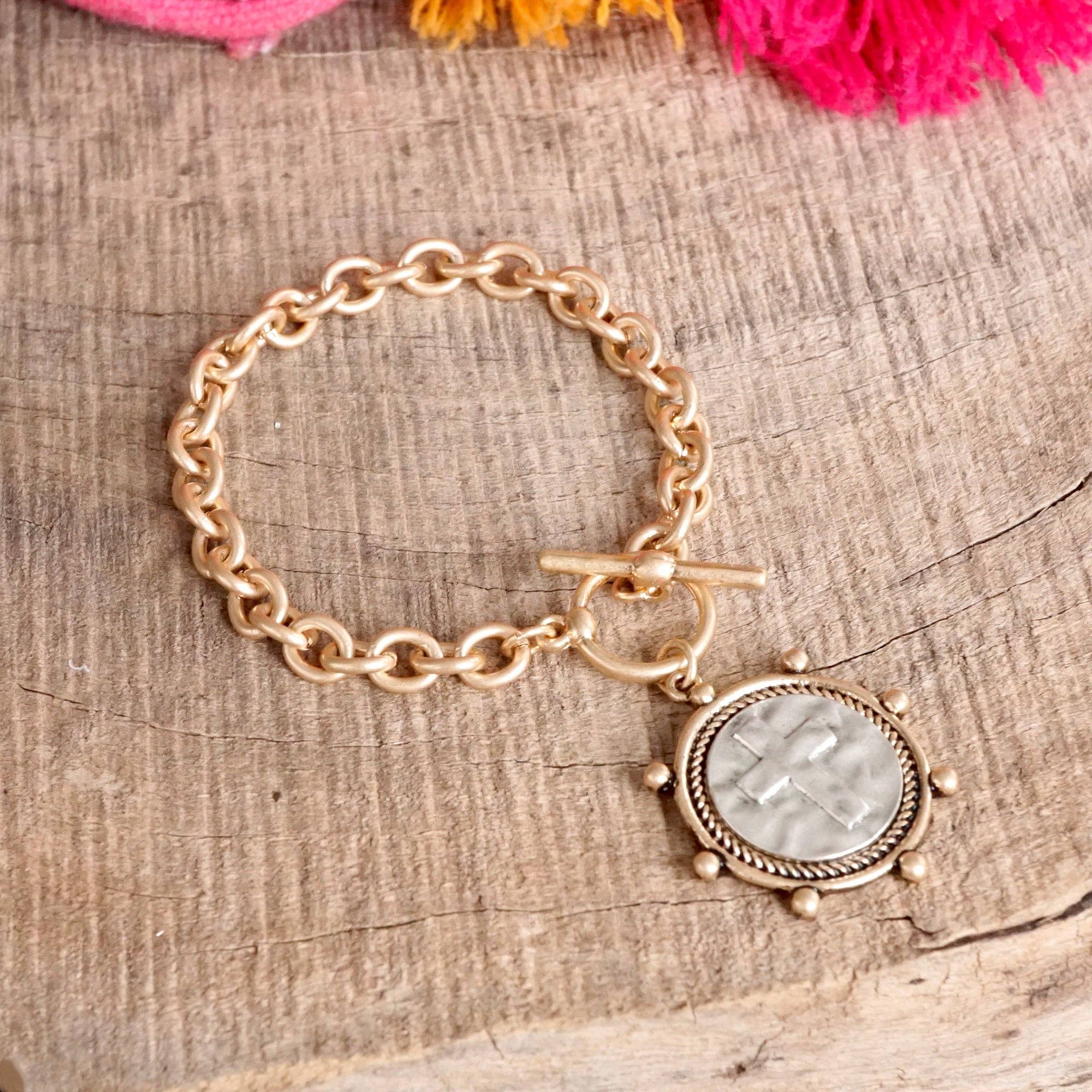 Cross Coin Chain Bracelet Toggle Closure Silver or Gold Tone-Bracelets-PennyLine inc-Stuffology - Where Vintage Meets Modern, A Boutique for Real Women in Crosbyton, TX