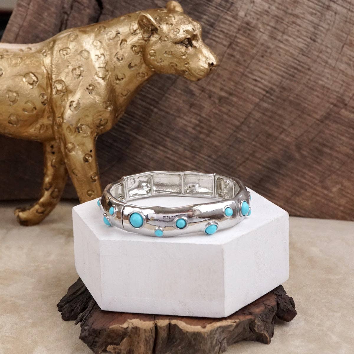 Desert Dew – Turquoise Cabochon Stretch Bangle-Bracelets-PennyLine inc-Stuffology - Where Vintage Meets Modern, A Boutique for Real Women in Crosbyton, TX