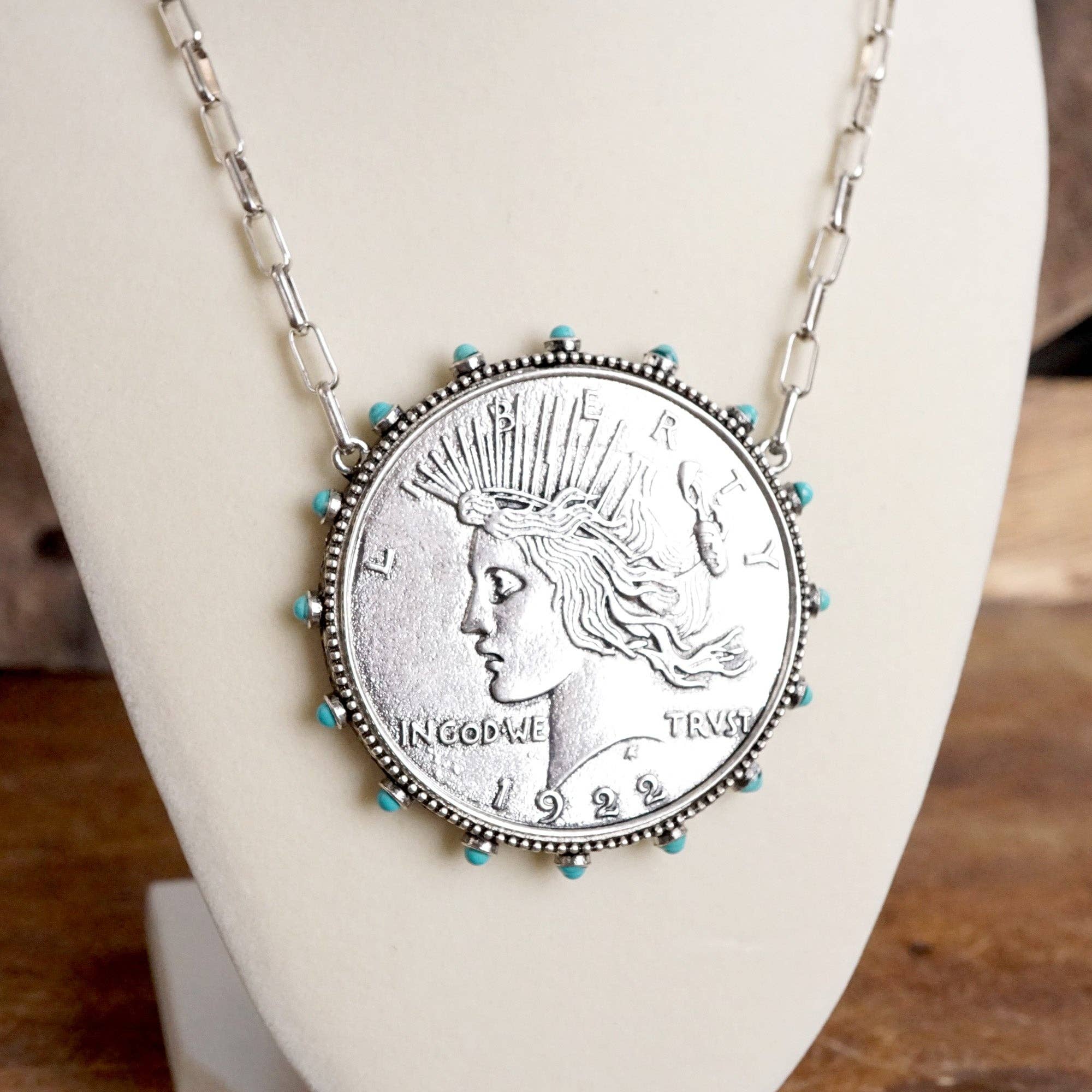 Western Boho Coin Necklace Set with Turquoise Accents – Worn Silver Tone-Necklaces-PennyLine inc-Stuffology - Where Vintage Meets Modern, A Boutique for Real Women in Crosbyton, TX