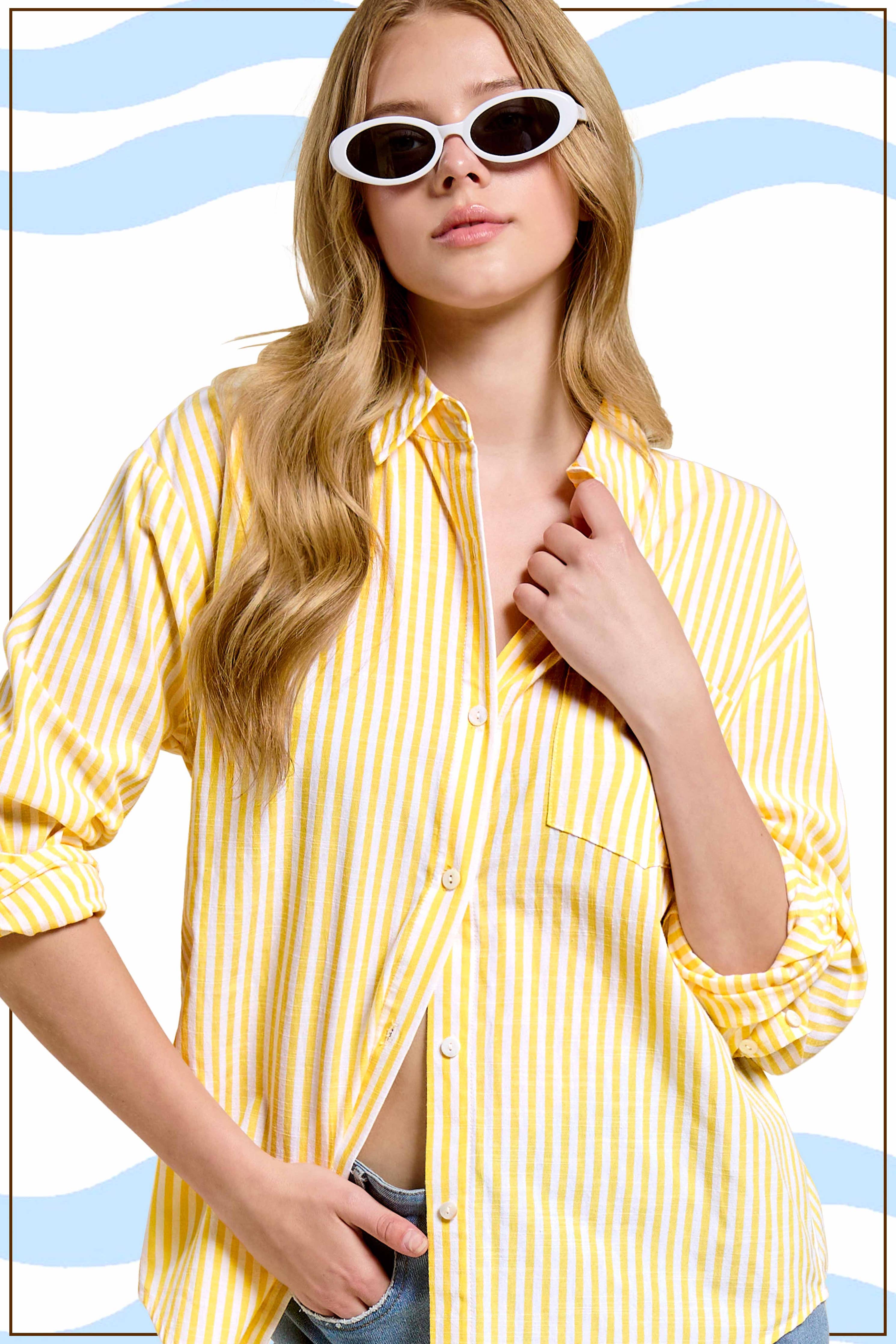 Collared Contrast Stripe Button Down Shirt-La Miel-Stuffology - Where Vintage Meets Modern, A Boutique for Real Women in Crosbyton, TX