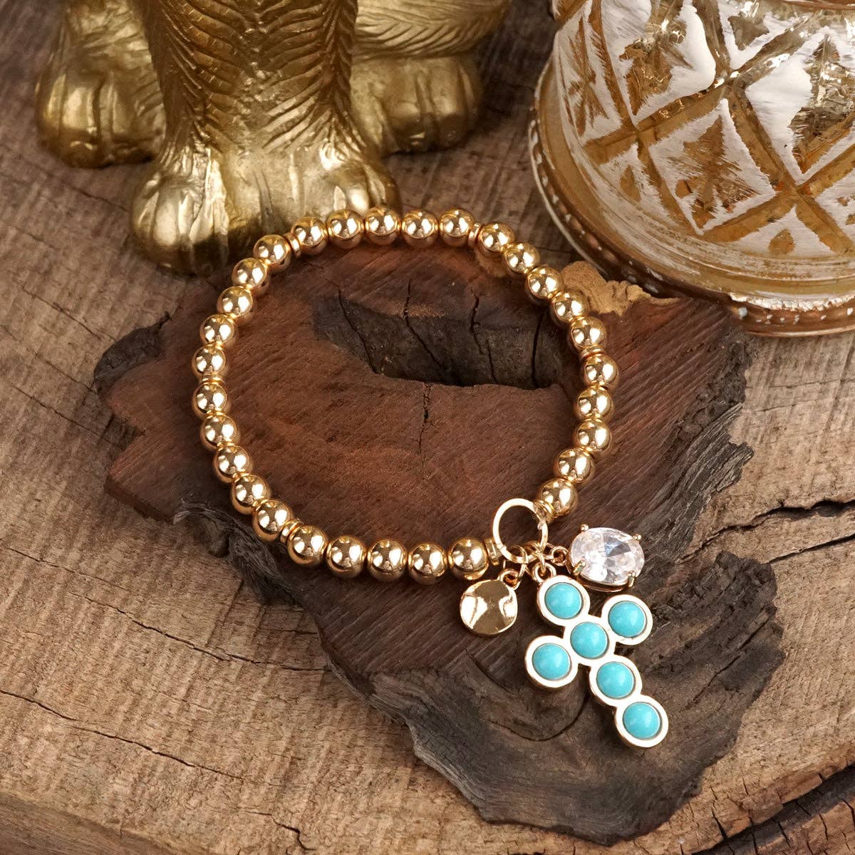 Golden Keepsakes – Charm Cluster Stretch Bracelet with Beads & Stones-Bracelets-PennyLine inc-Stuffology - Where Vintage Meets Modern, A Boutique for Real Women in Crosbyton, TX