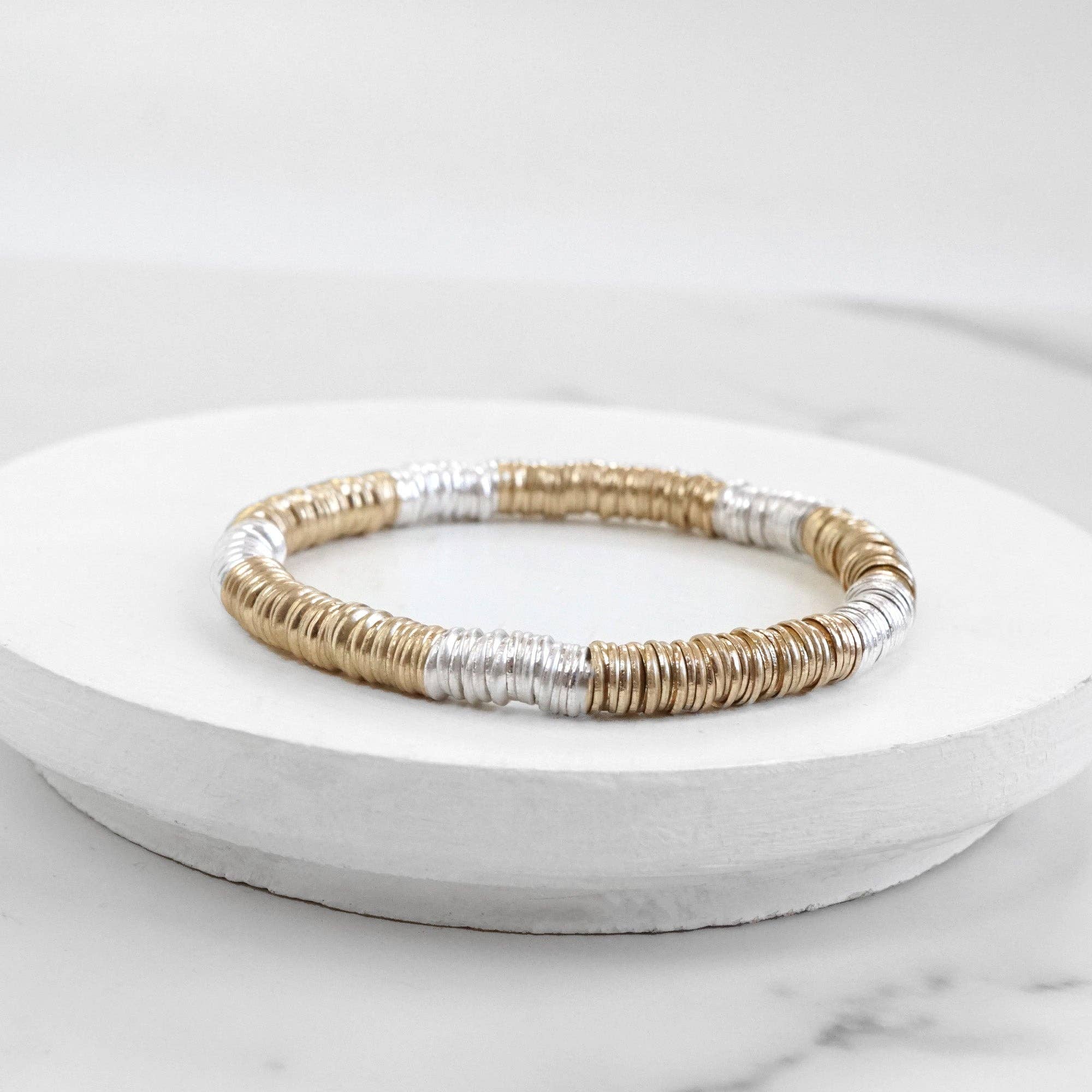 Heishi Disc Boho beaded stretchy bracelet Silver Gold Shell-Bracelets-PennyLine inc-Stuffology - Where Vintage Meets Modern, A Boutique for Real Women in Crosbyton, TX