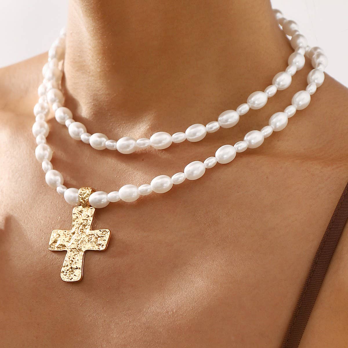 LUSTROUS FAUX PEARL BEADED LAYERED CROSS NECKLACE | 40NK9552-Necklaces-JOSSLYN by wall to wall-Stuffology - Where Vintage Meets Modern, A Boutique for Real Women in Crosbyton, TX