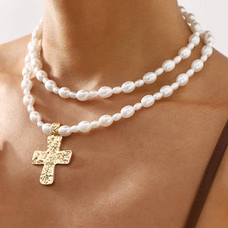 LUSTROUS FAUX PEARL BEADED LAYERED CROSS NECKLACE | 40NK9552-Necklaces-JOSSLYN by wall to wall-Stuffology - Where Vintage Meets Modern, A Boutique for Real Women in Crosbyton, TX