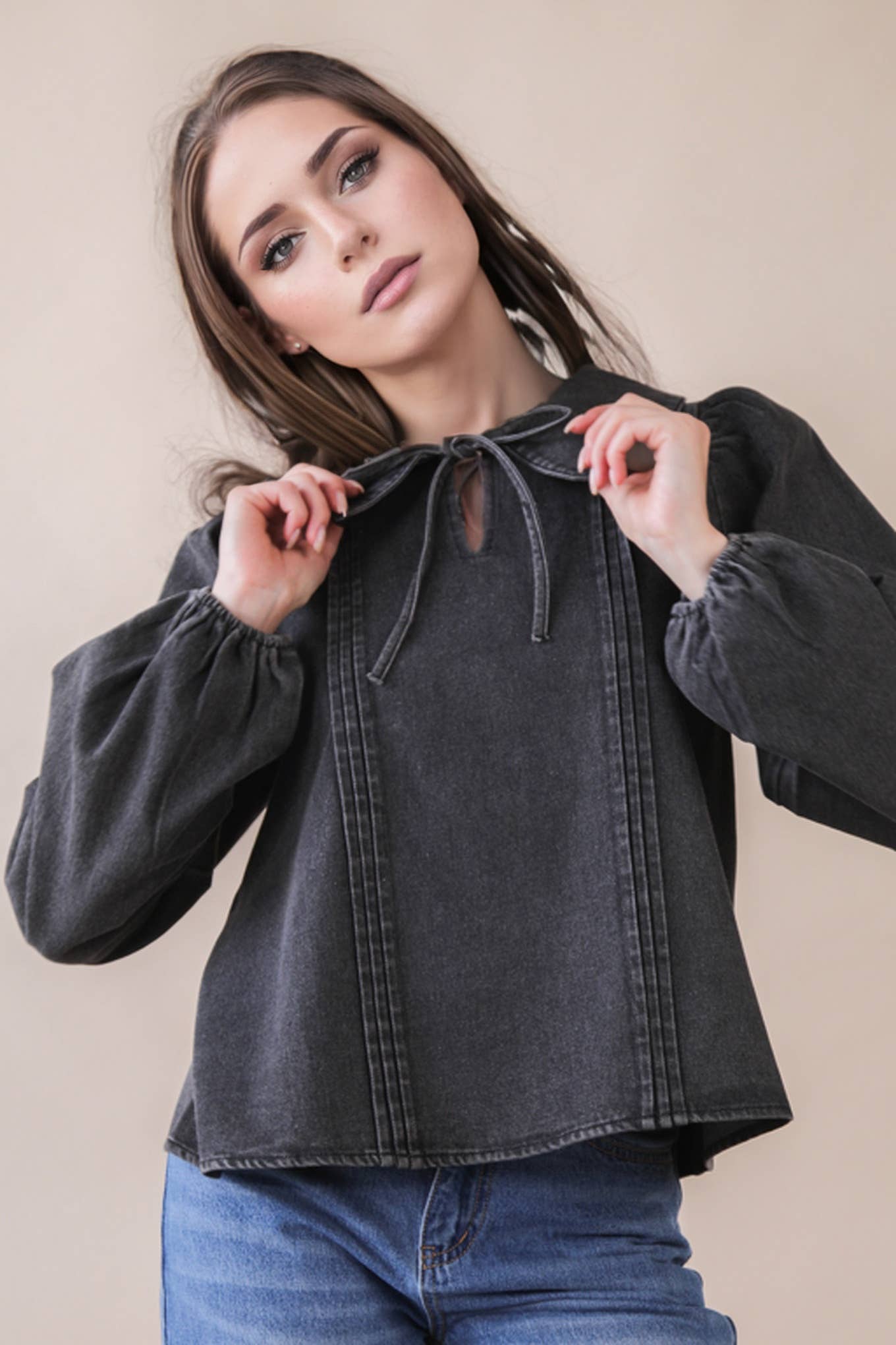 Mineral Washed Chambray Denim Blouse Top-Top-VERY J-Stuffology - Where Vintage Meets Modern, A Boutique for Real Women in Crosbyton, TX