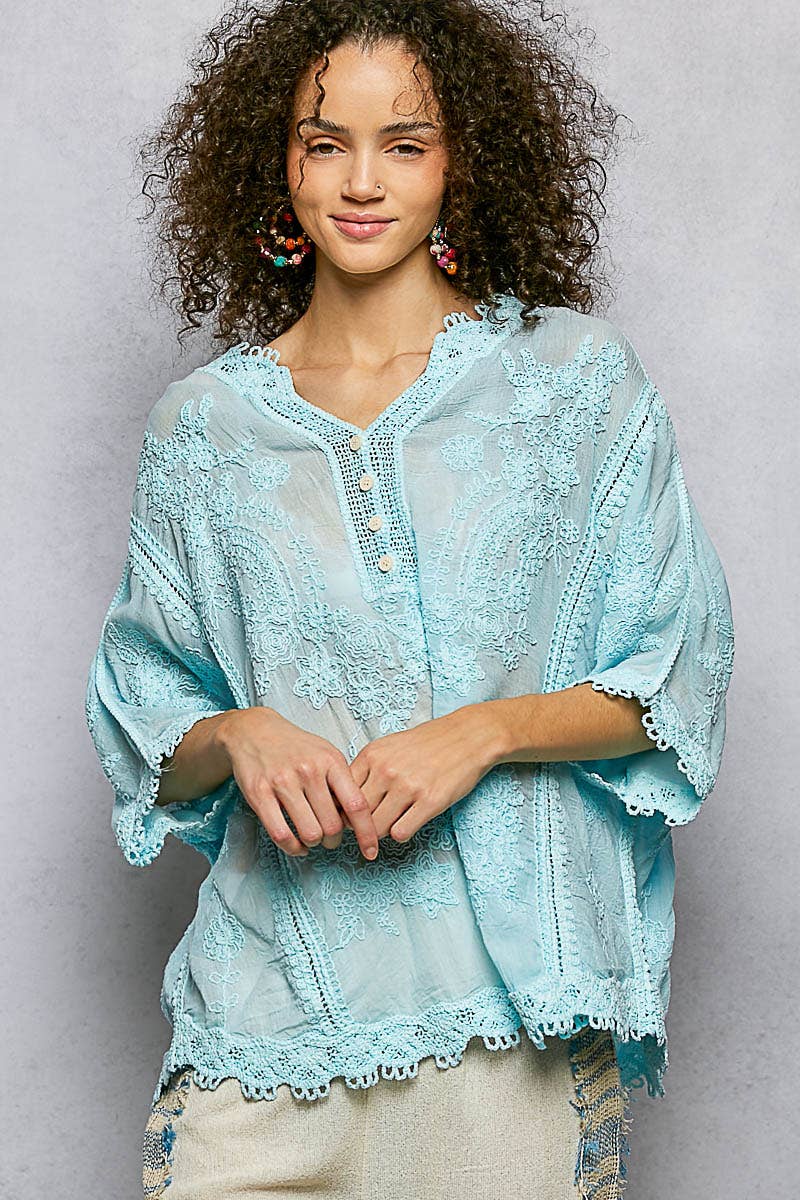 POL Clothing V-neck Short Sleeve Floral Embroidered Crochet Blouse Top-Crochet Top-Pol Clothing-Stuffology - Where Vintage Meets Modern, A Boutique for Real Women in Crosbyton, TX