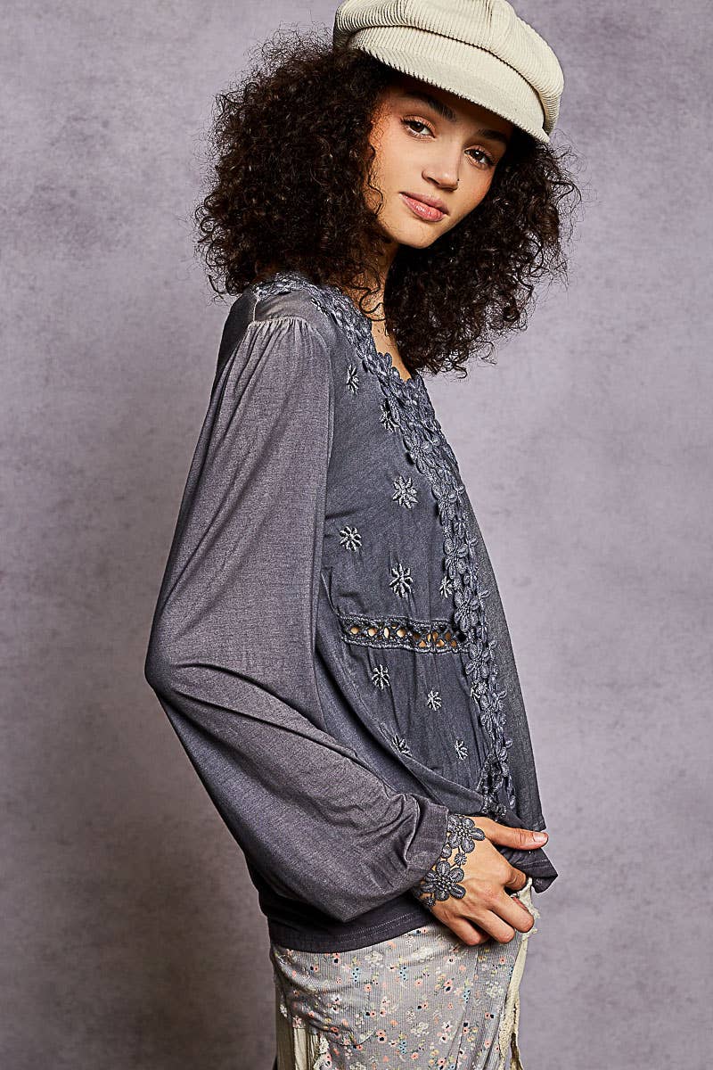 Long Sleeve Contrast Floral Lace Crochet V-Neck Top-Pol Clothing-Stuffology - Where Vintage Meets Modern, A Boutique for Real Women in Crosbyton, TX