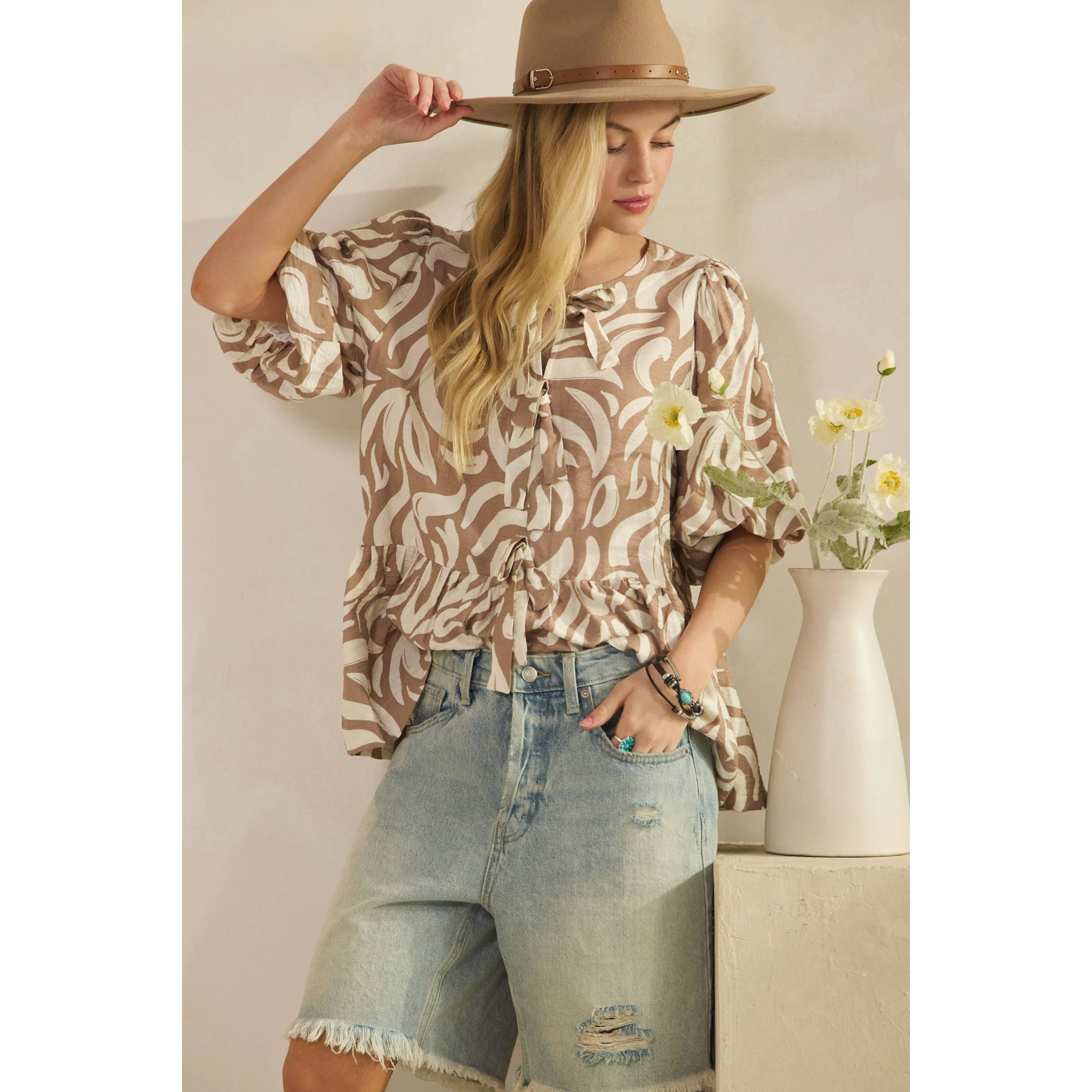 BOHO BOTANICAL TIE-FRONT TOP (ST7742)-Sage + Fig-Stuffology - Where Vintage Meets Modern, A Boutique for Real Women in Crosbyton, TX