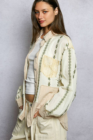 Long Sleeve Embroidered Woven Stripe Contrast Shirt Top-Top-Pol Clothing-Stuffology - Where Vintage Meets Modern, A Boutique for Real Women in Crosbyton, TX