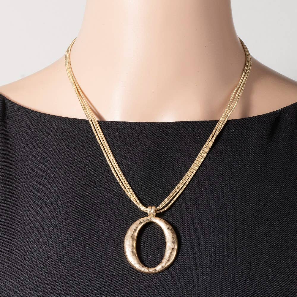Matte Hammered Gold Oval Pendant Layered Chains Necklace-The Looks by Fame Accessories-Stuffology - Where Vintage Meets Modern, A Boutique for Real Women in Crosbyton, TX