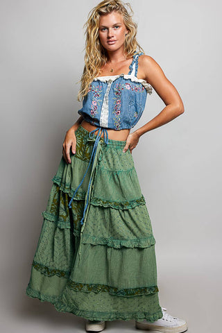 POL Clothing Boho Tie Waistband Patchwork Tiered Ruffle Maxi Skirt-Skirts-Pol Clothing-Stuffology - Where Vintage Meets Modern, A Boutique for Real Women in Crosbyton, TX