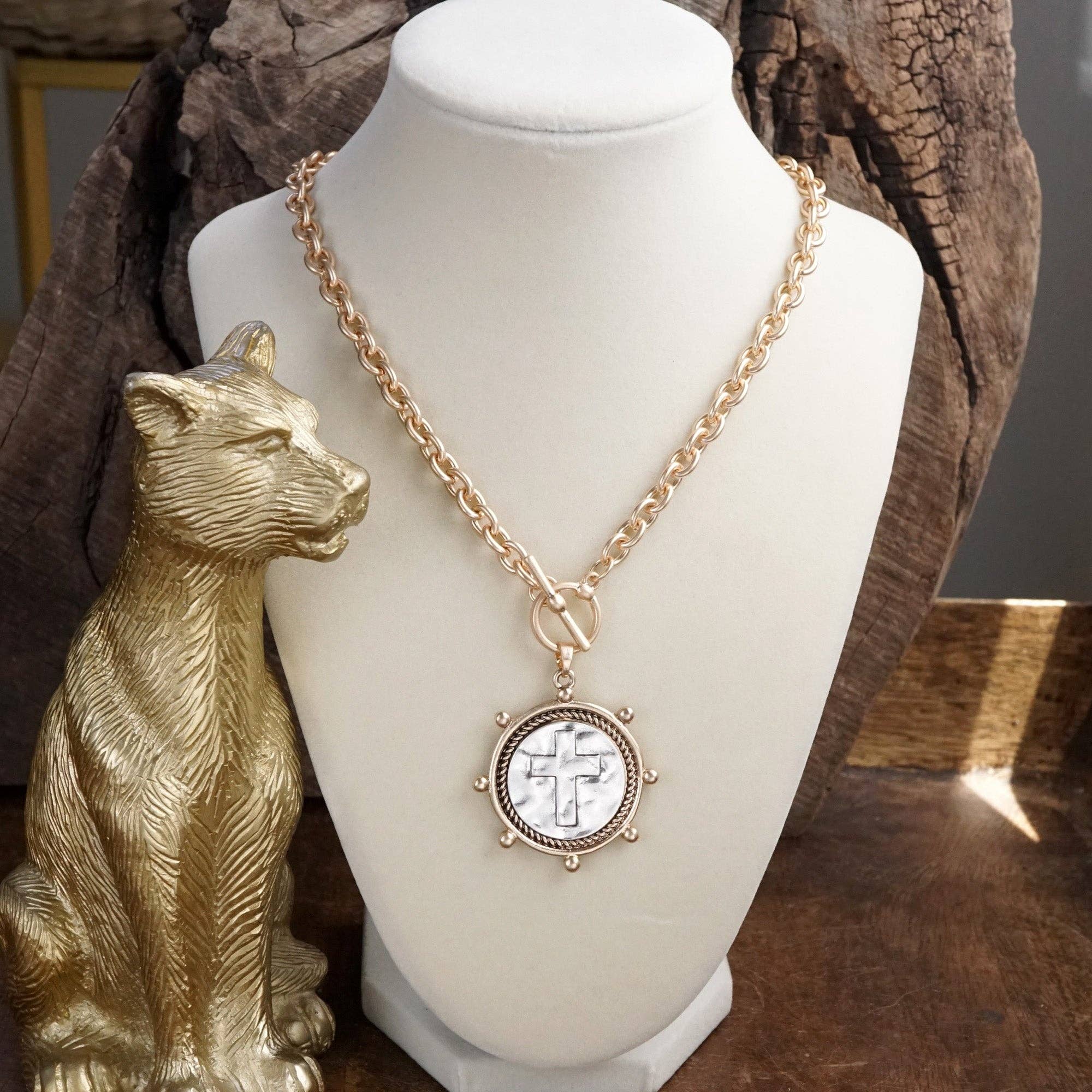 Cross Coin Chain Necklace with Front Toggle Closure – Silver or Gold Tone-Necklaces-PennyLine inc-Stuffology - Where Vintage Meets Modern, A Boutique for Real Women in Crosbyton, TX