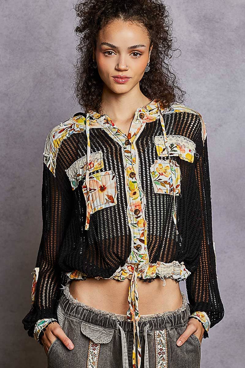 Vintage washed Black Floral Print Patch Crochet Jacket-Jackets-Pol Clothing-Stuffology - Where Vintage Meets Modern, A Boutique for Real Women in Crosbyton, TX