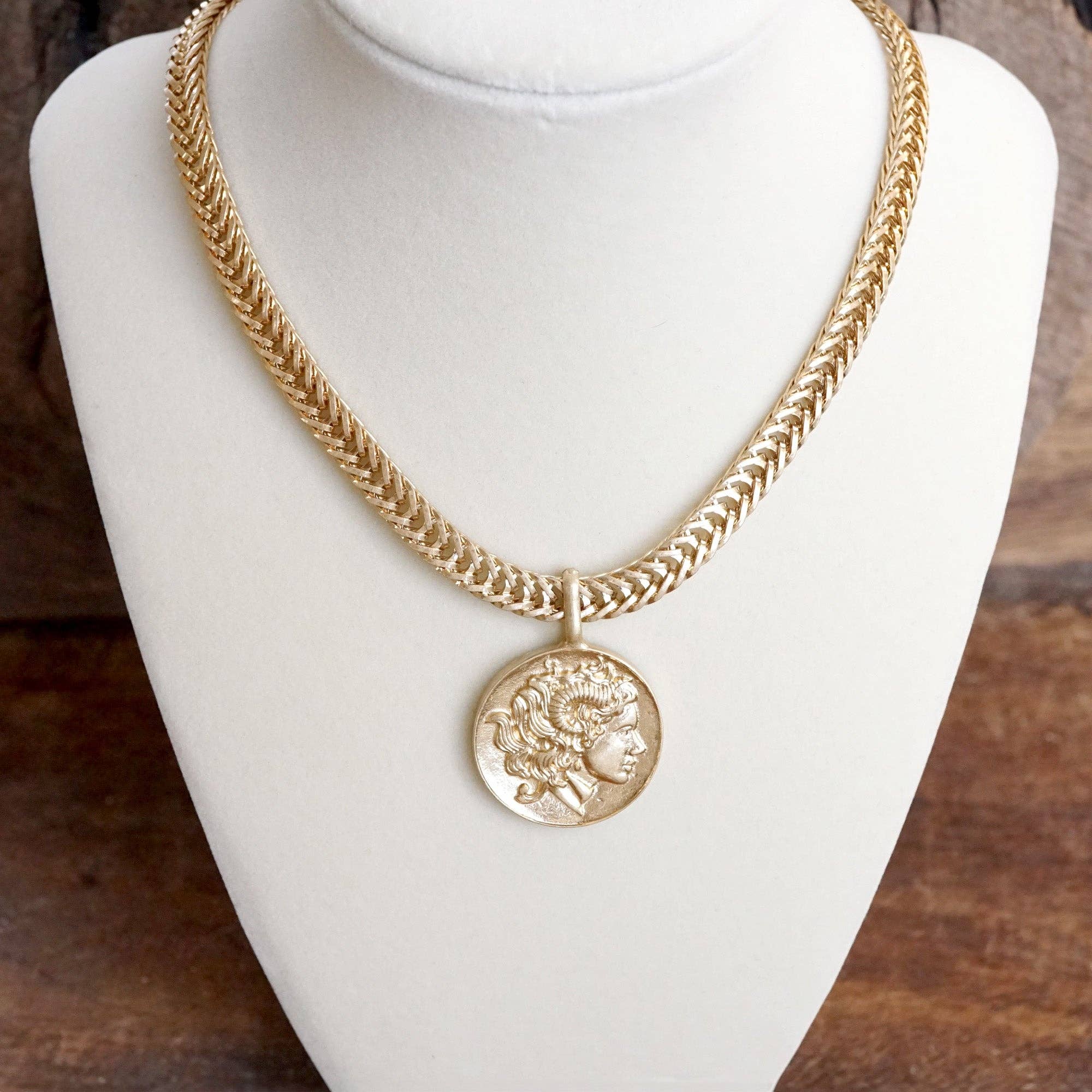 Coin Statement Chain Necklace in Worn Gold Tone-Necklaces-PennyLine inc-Stuffology - Where Vintage Meets Modern, A Boutique for Real Women in Crosbyton, TX